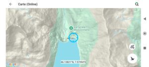 Carte de localisation autour du barrage de Moiry dans l’application PeakFinder, utile pour repérer des spots photo en montagne.