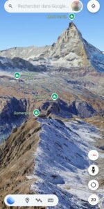 Vue 3D du Mont Cervin et des sommets environnants dans Google Earth, outil de repérage pour la photo en montagne.