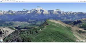 Vue 3D d’un itinéraire en montagne sur Google Earth avec sommets identifiés