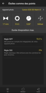 Capture d’écran PhotoPills montrant la durée d’exposition maximale pour éviter les filés d’étoiles.