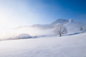 Montagne en hiver, ferme enneigée et brume au lever du soleil